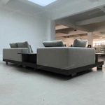 Modern Minimalist L-Shaped Modular Sofa with Integrated Side Table & Suspended Metal Base